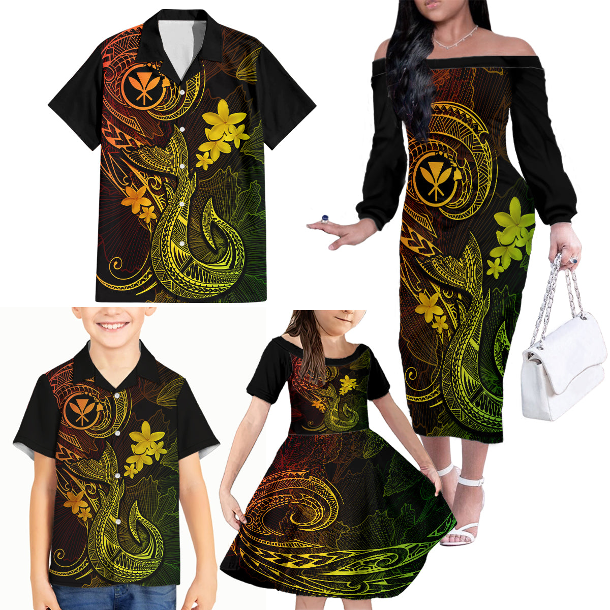 Hawaii Family Matching Off Shoulder Long Sleeve Dress and Hawaiian Shirt Fish Hook Tattoo Mix Polynesian Plumeria Reggae Version - Wonder Print Shop