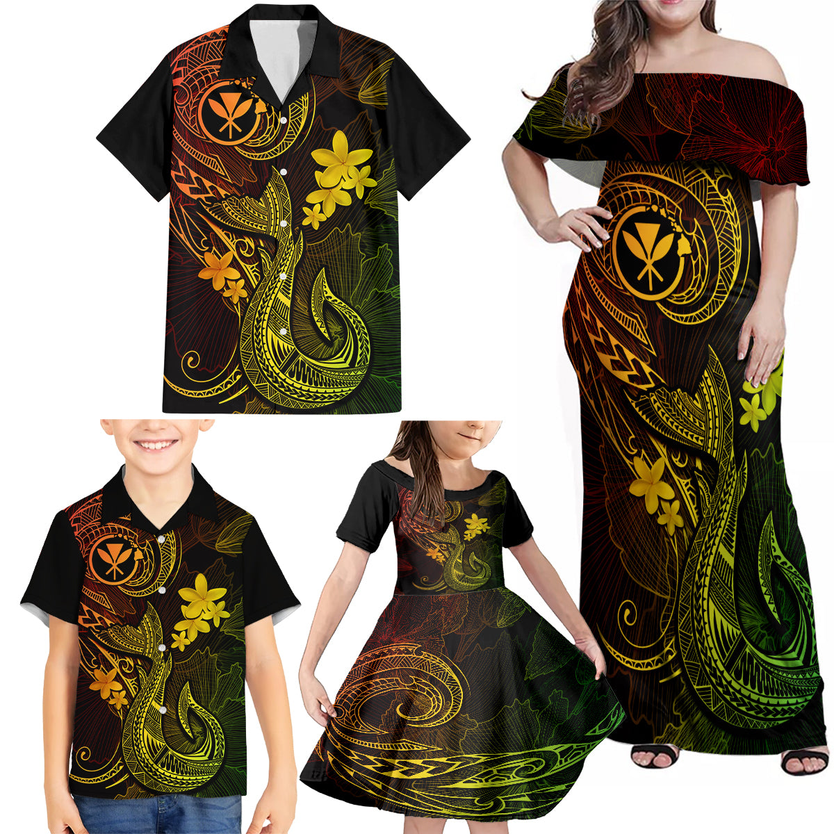 Hawaii Family Matching Off Shoulder Maxi Dress and Hawaiian Shirt Fish Hook Tattoo Mix Polynesian Plumeria Reggae Version - Wonder Print Shop