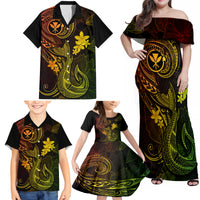 Hawaii Family Matching Off Shoulder Maxi Dress and Hawaiian Shirt Fish Hook Tattoo Mix Polynesian Plumeria Reggae Version - Wonder Print Shop