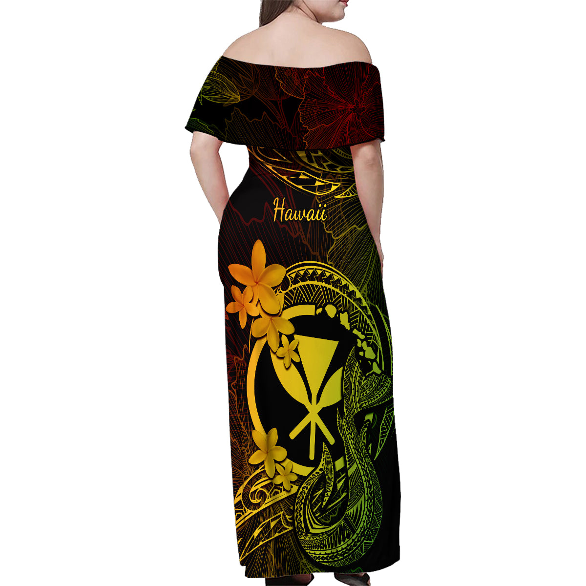 Hawaii Family Matching Off Shoulder Maxi Dress and Hawaiian Shirt Fish Hook Tattoo Mix Polynesian Plumeria Reggae Version - Wonder Print Shop