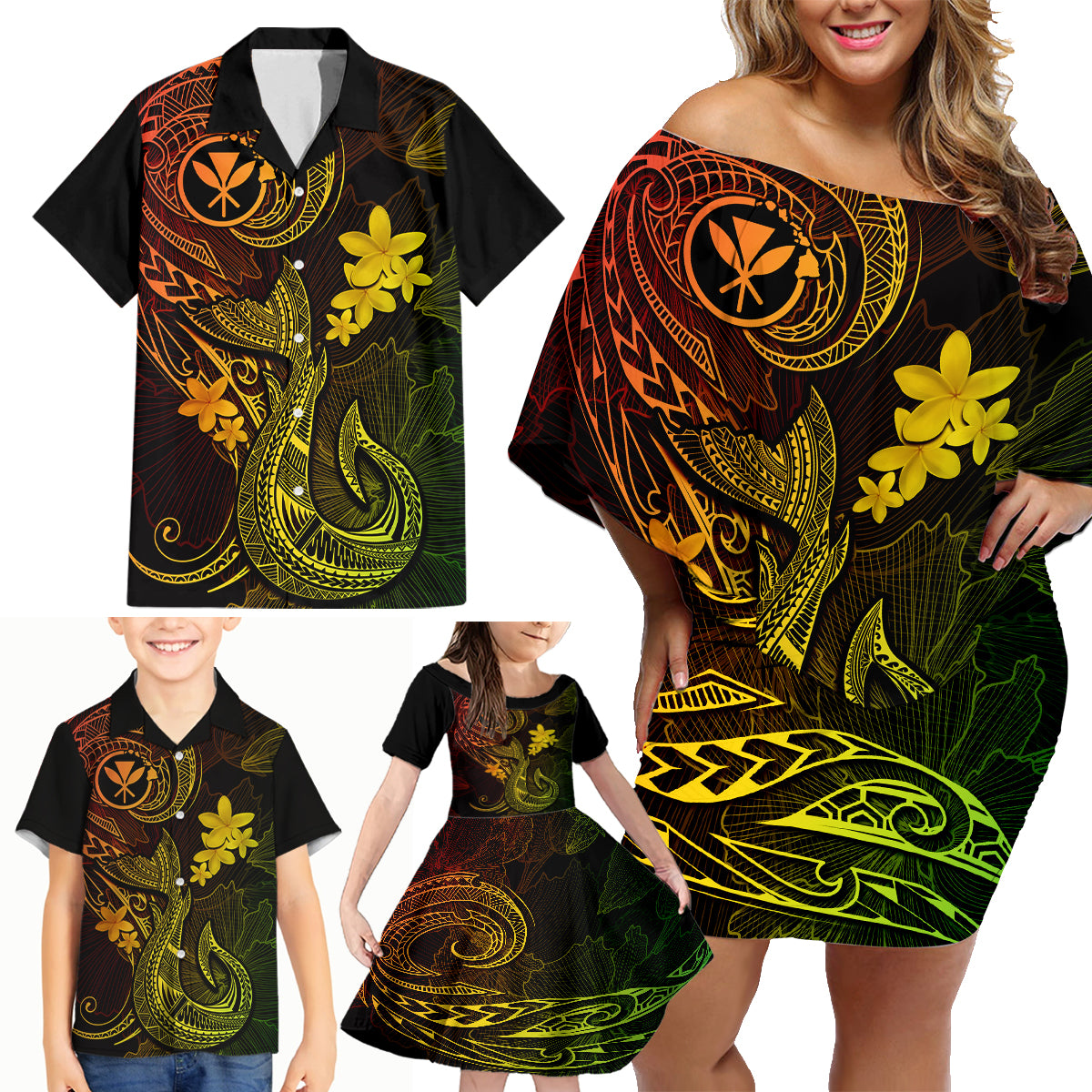 Hawaii Family Matching Off Shoulder Short Dress and Hawaiian Shirt Fish Hook Tattoo Mix Polynesian Plumeria Reggae Version - Wonder Print Shop