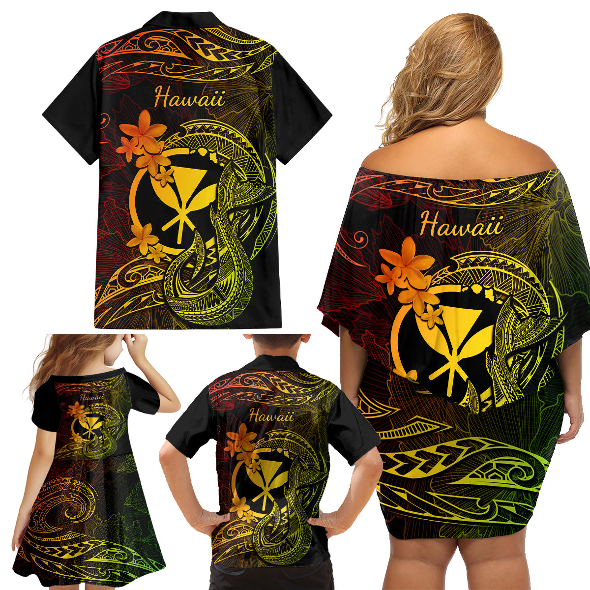 Hawaii Family Matching Off Shoulder Short Dress and Hawaiian Shirt Fish Hook Tattoo Mix Polynesian Plumeria Reggae Version - Wonder Print Shop