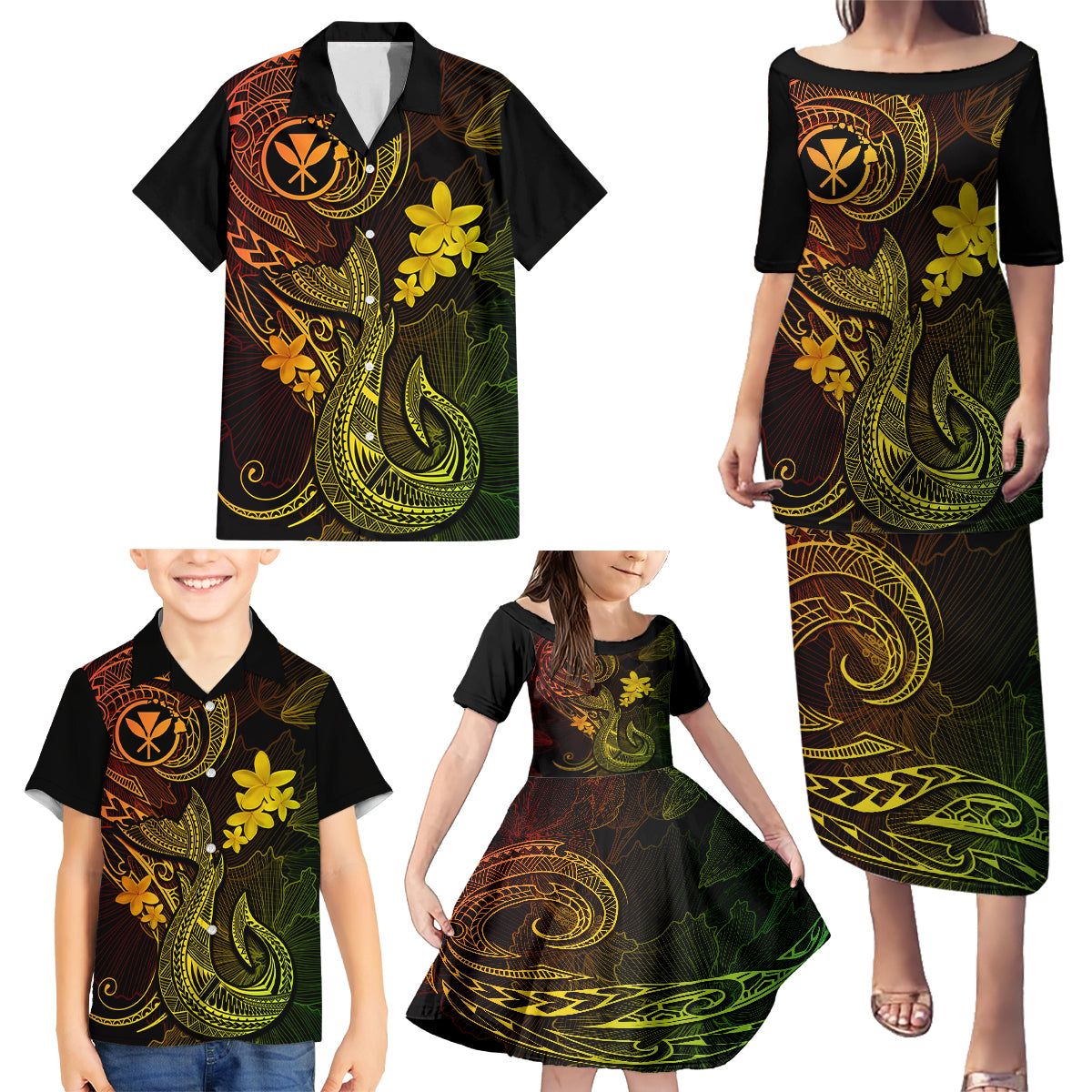 Hawaii Family Matching Puletasi Dress and Hawaiian Shirt Fish Hook Tattoo Mix Polynesian Plumeria Reggae Version - Wonder Print Shop