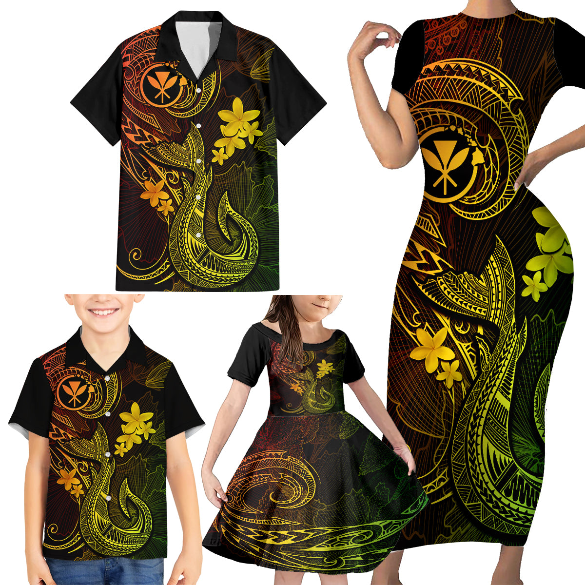 Hawaii Family Matching Short Sleeve Bodycon Dress and Hawaiian Shirt Fish Hook Tattoo Mix Polynesian Plumeria Reggae Version - Wonder Print Shop
