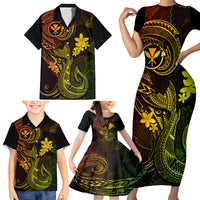 Hawaii Family Matching Short Sleeve Bodycon Dress and Hawaiian Shirt Fish Hook Tattoo Mix Polynesian Plumeria Reggae Version - Wonder Print Shop