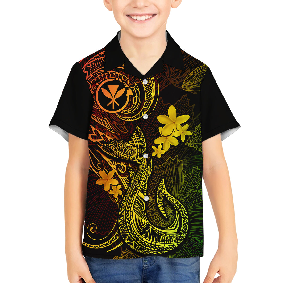 Hawaii Family Matching Short Sleeve Bodycon Dress and Hawaiian Shirt Fish Hook Tattoo Mix Polynesian Plumeria Reggae Version - Wonder Print Shop