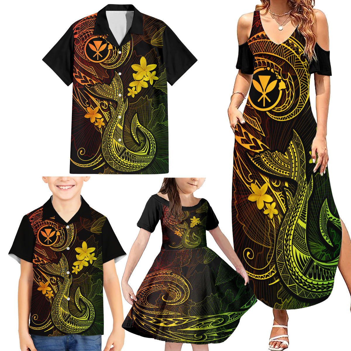 Hawaii Family Matching Summer Maxi Dress and Hawaiian Shirt Fish Hook Tattoo Mix Polynesian Plumeria Reggae Version - Wonder Print Shop