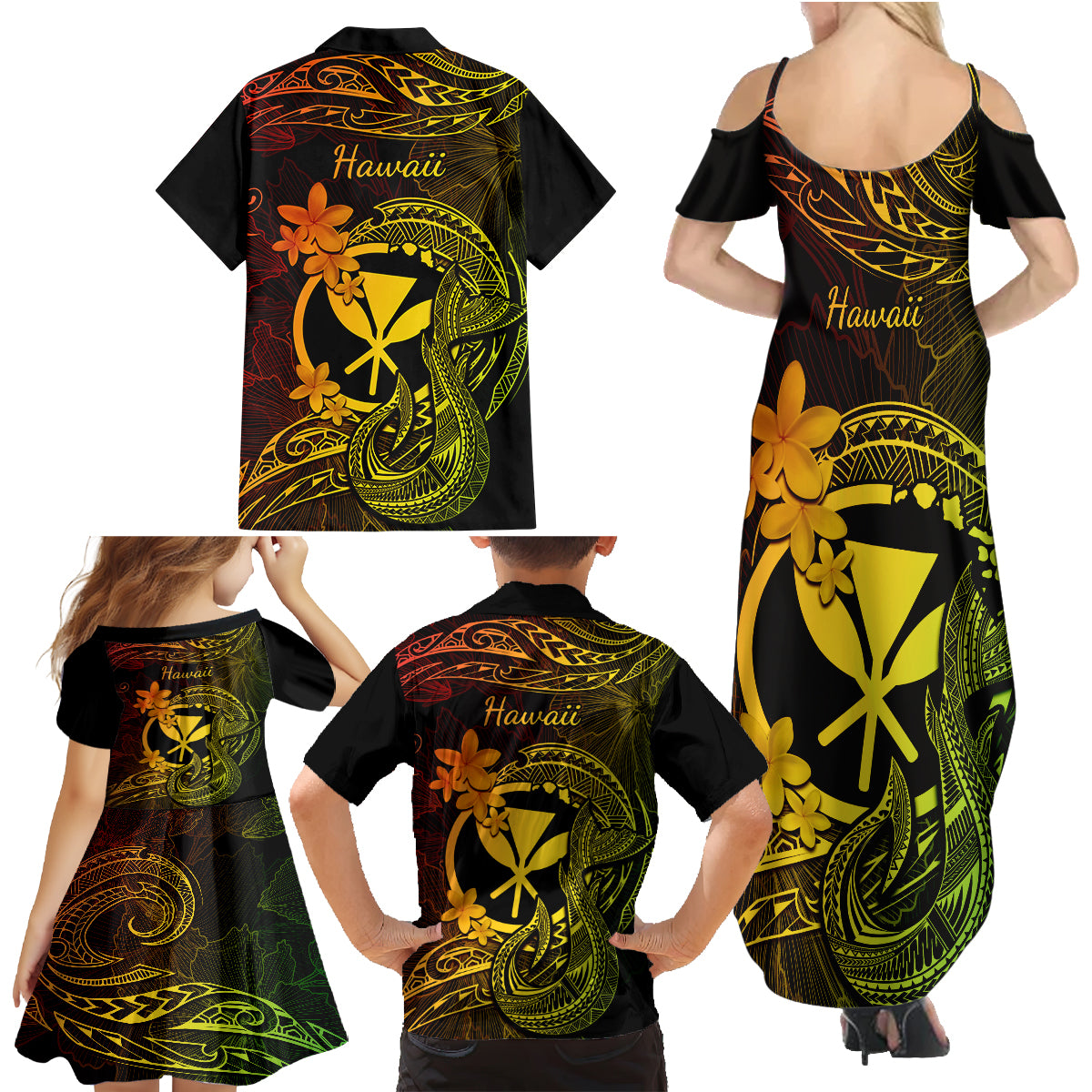 Hawaii Family Matching Summer Maxi Dress and Hawaiian Shirt Fish Hook Tattoo Mix Polynesian Plumeria Reggae Version - Wonder Print Shop