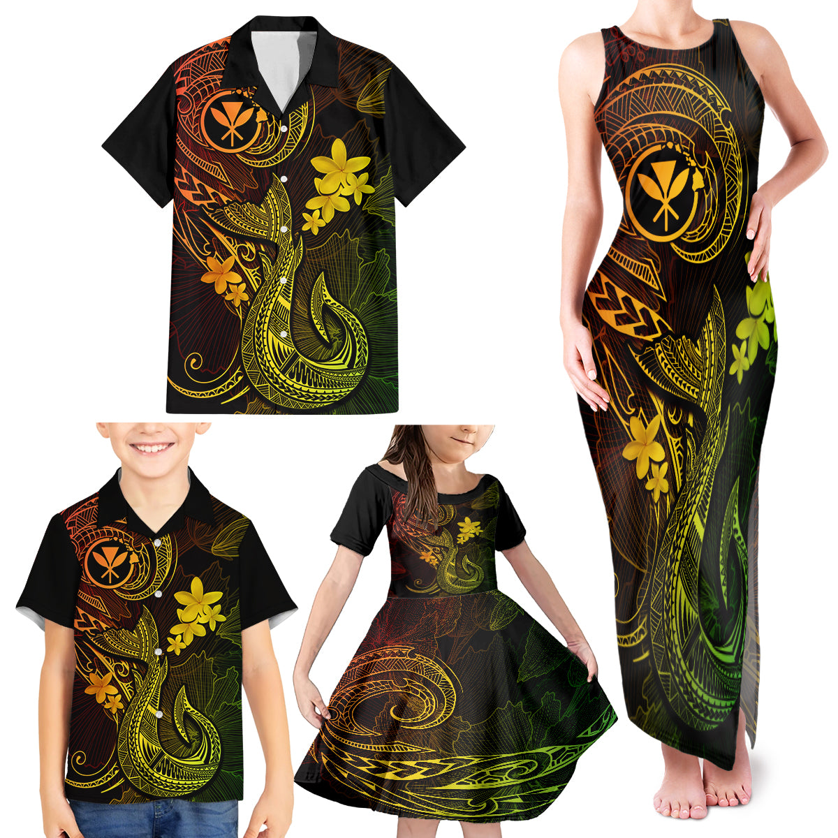 Hawaii Family Matching Tank Maxi Dress and Hawaiian Shirt Fish Hook Tattoo Mix Polynesian Plumeria Reggae Version - Wonder Print Shop