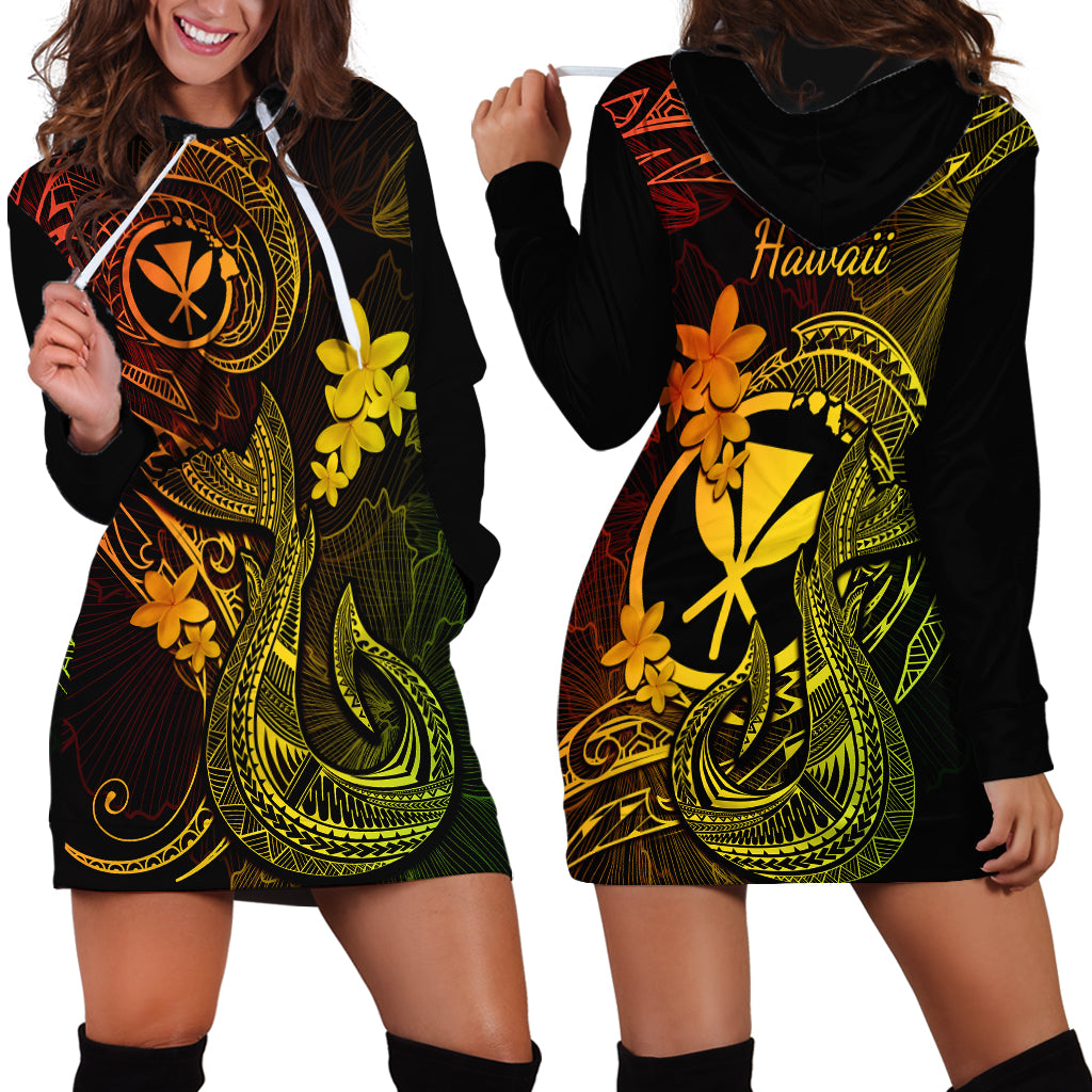 Hawaii Hoodie Dress Fish Hook Tattoo Mix Polynesian Plumeria Reggae Version - Wonder Print Shop