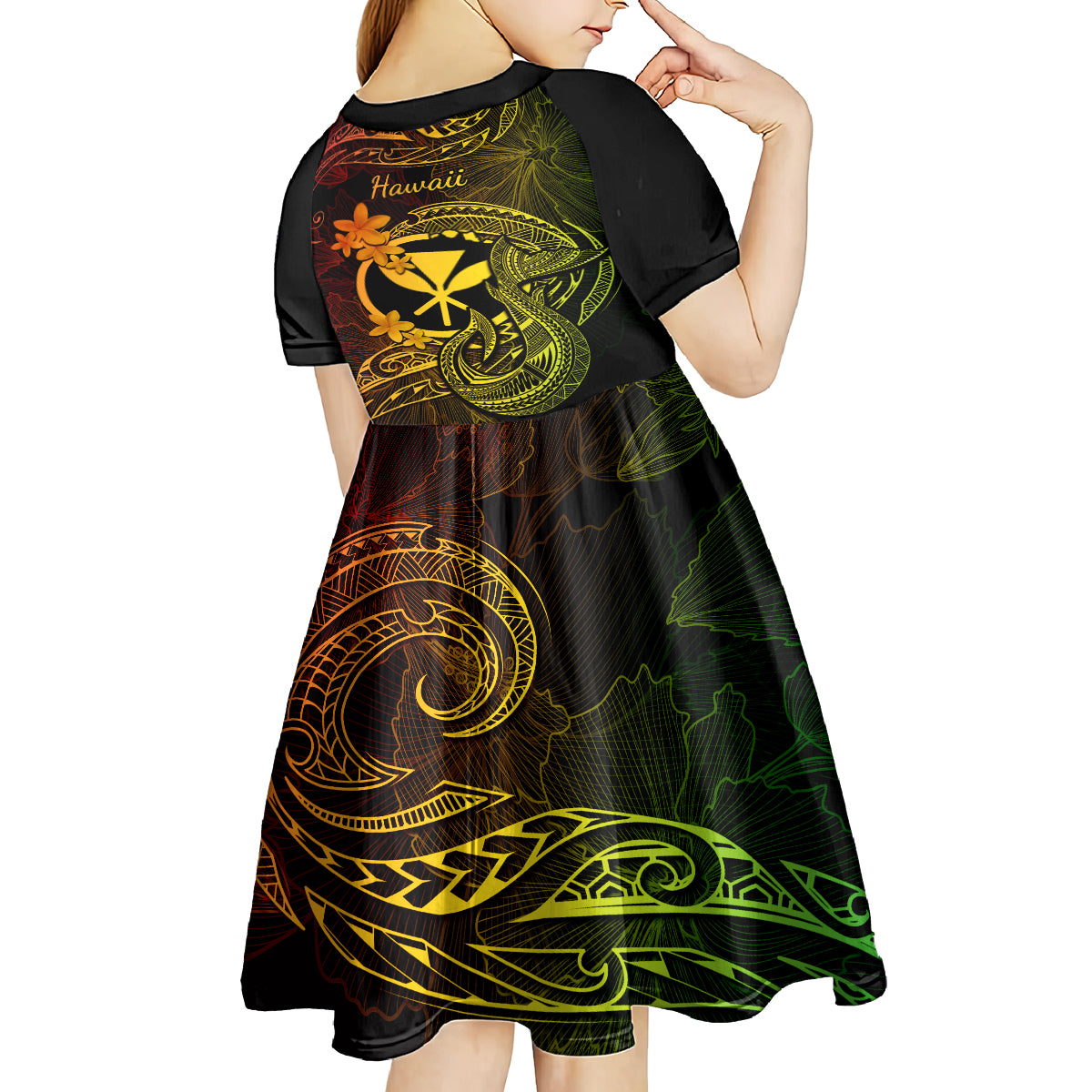 Hawaii Kid Short Sleeve Dress Fish Hook Tattoo Mix Polynesian Plumeria Reggae Version - Wonder Print Shop