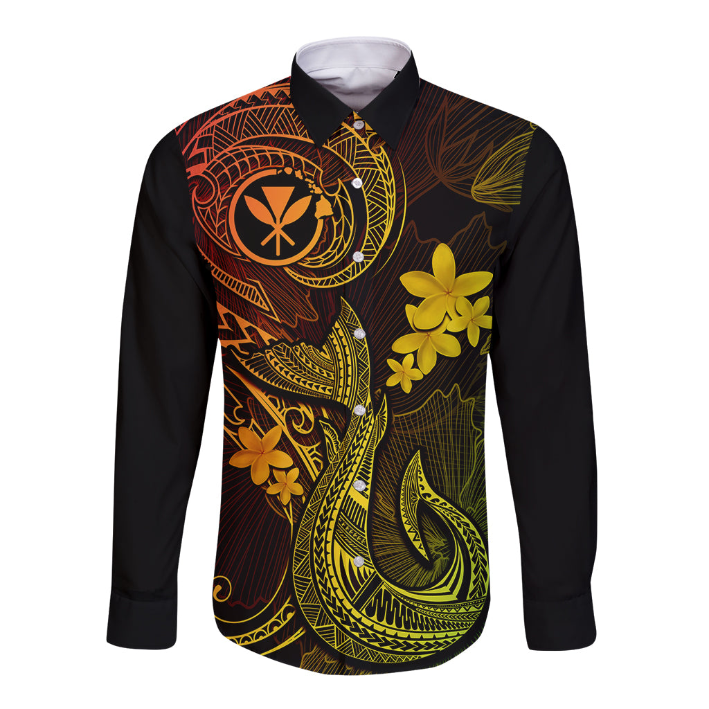 Hawaii Long Sleeve Button Shirt Fish Hook Tattoo Mix Polynesian Plumeria Reggae Version - Wonder Print Shop