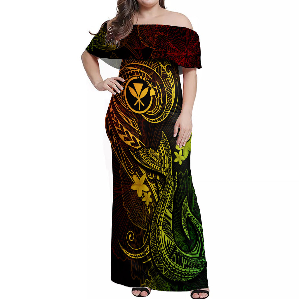 Hawaii Off Shoulder Maxi Dress Fish Hook Tattoo Mix Polynesian Plumeria Reggae Version - Wonder Print Shop