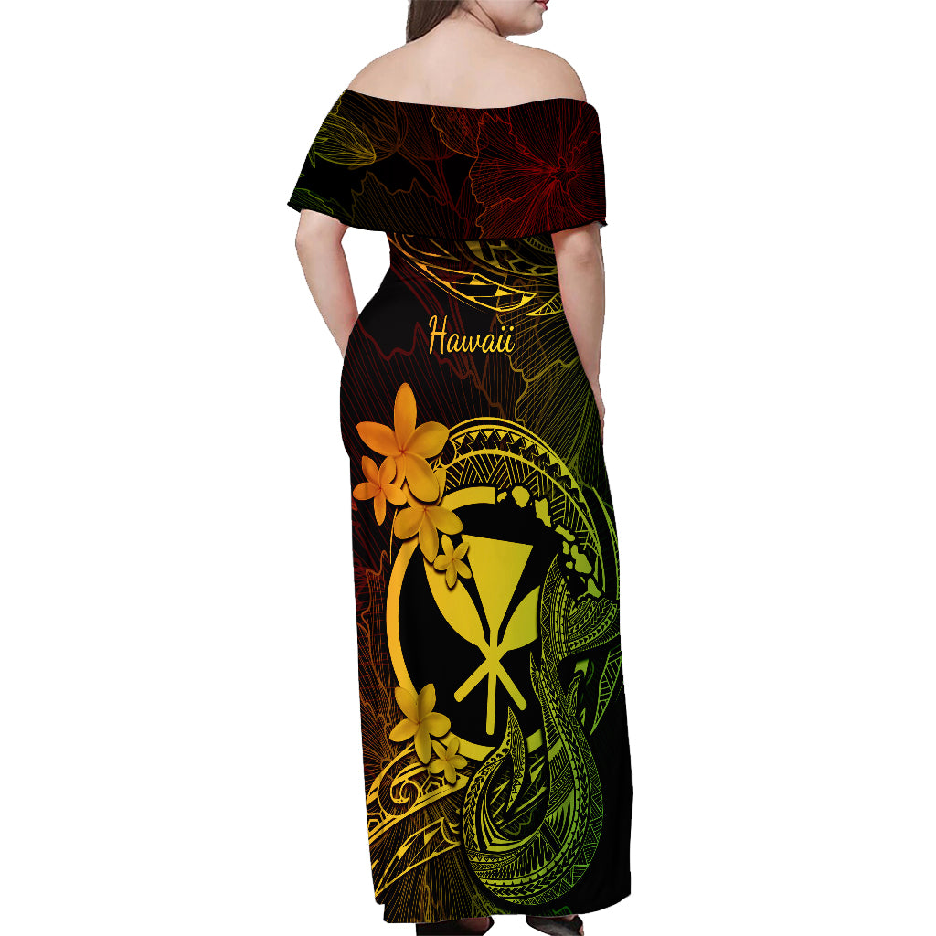 Hawaii Off Shoulder Maxi Dress Fish Hook Tattoo Mix Polynesian Plumeria Reggae Version - Wonder Print Shop