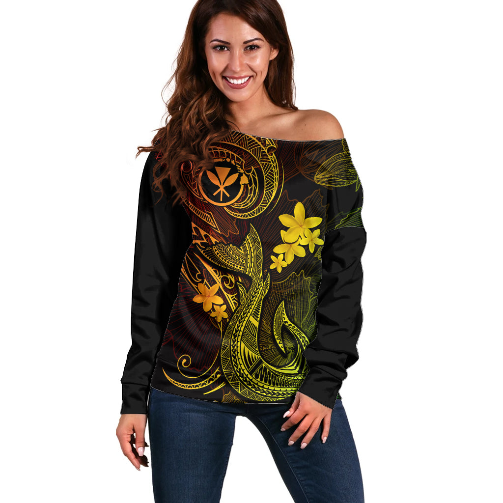 Hawaii Off Shoulder Sweater Fish Hook Tattoo Mix Polynesian Plumeria Reggae Version - Wonder Print Shop