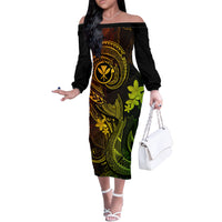 Hawaii Off The Shoulder Long Sleeve Dress Fish Hook Tattoo Mix Polynesian Plumeria Reggae Version - Wonder Print Shop