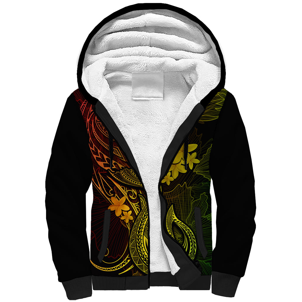 Hawaii Sherpa Hoodie Fish Hook Tattoo Mix Polynesian Plumeria Reggae Version - Wonder Print Shop