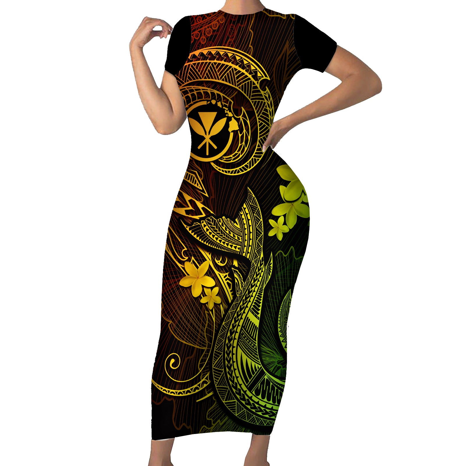 Hawaii Short Sleeve Bodycon Dress Fish Hook Tattoo Mix Polynesian Plumeria Reggae Version - Wonder Print Shop