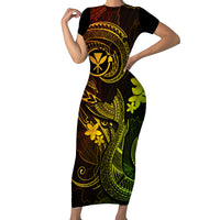 Hawaii Short Sleeve Bodycon Dress Fish Hook Tattoo Mix Polynesian Plumeria Reggae Version - Wonder Print Shop