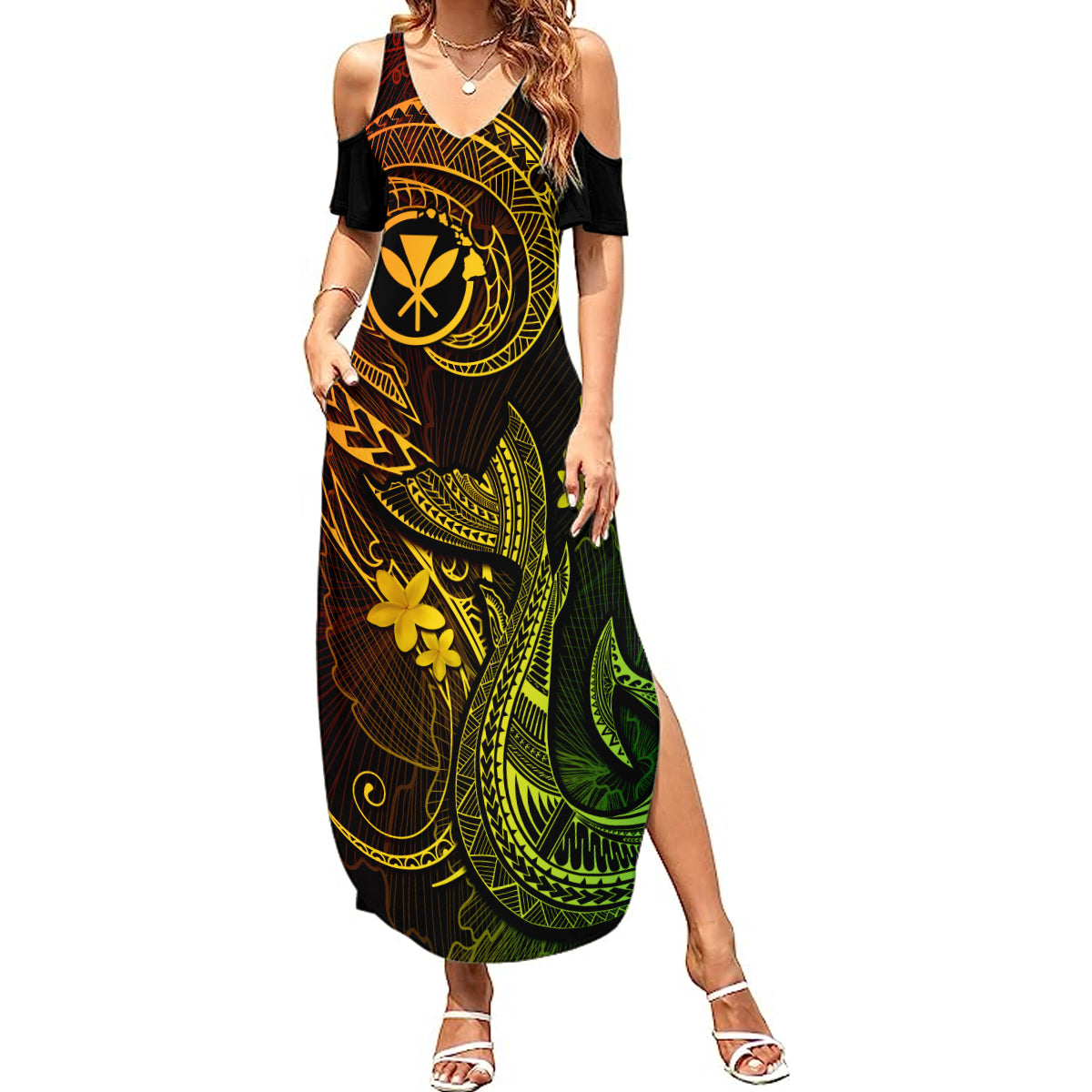 Hawaii Summer Maxi Dress Fish Hook Tattoo Mix Polynesian Plumeria Reggae Version - Wonder Print Shop