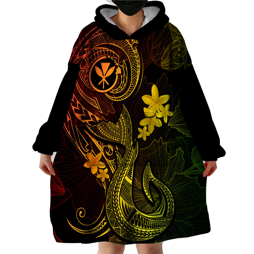 Hawaii Wearable Blanket Hoodie Fish Hook Tattoo Mix Polynesian Plumeria Reggae Version - Wonder Print Shop