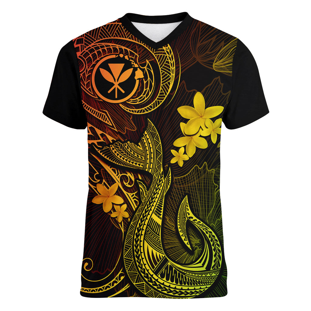 Hawaii Women V Neck T Shirt Fish Hook Tattoo Mix Polynesian Plumeria Reggae Version - Wonder Print Shop
