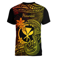Hawaii Women V Neck T Shirt Fish Hook Tattoo Mix Polynesian Plumeria Reggae Version - Wonder Print Shop