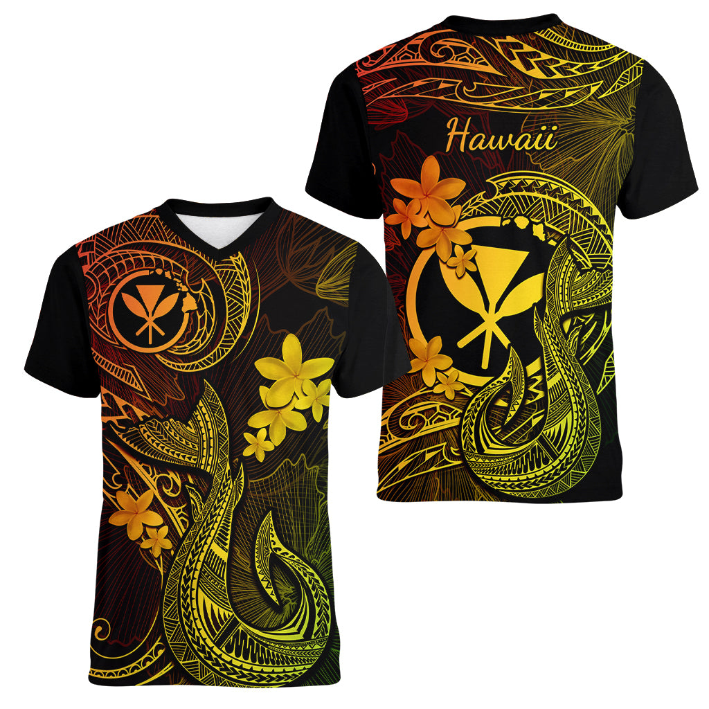 Hawaii Women V Neck T Shirt Fish Hook Tattoo Mix Polynesian Plumeria Reggae Version - Wonder Print Shop