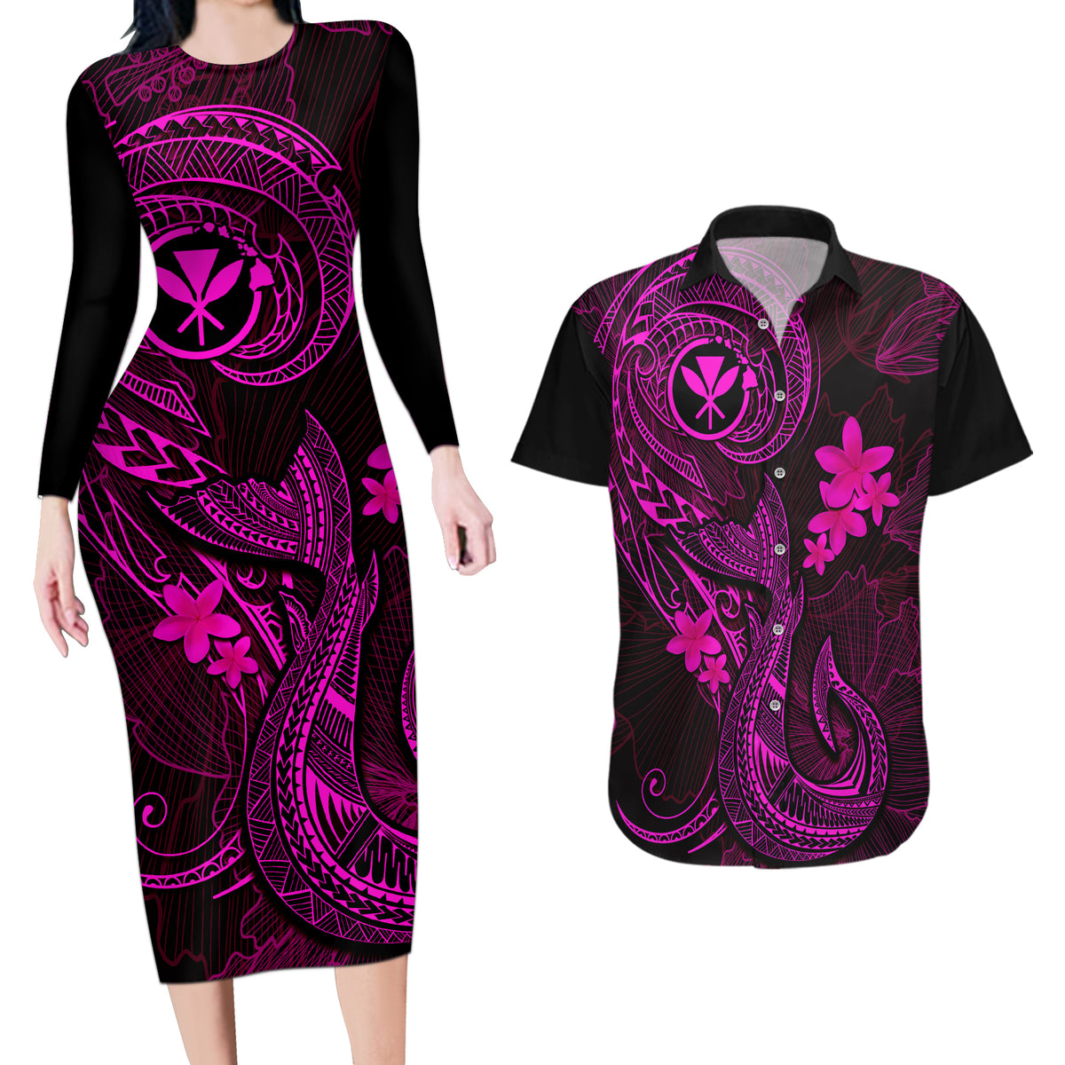 Hawaii Couples Matching Long Sleeve Bodycon Dress and Hawaiian Shirt Fish Hook Tattoo Mix Polynesian Plumeria Pink Version - Wonder Print Shop