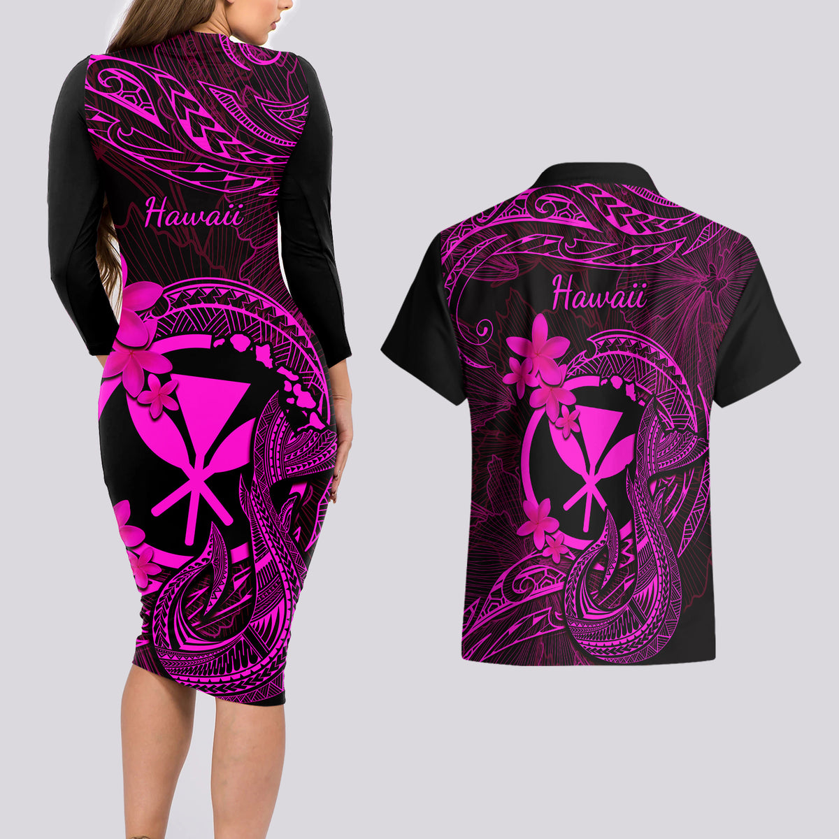 Hawaii Couples Matching Long Sleeve Bodycon Dress and Hawaiian Shirt Fish Hook Tattoo Mix Polynesian Plumeria Pink Version - Wonder Print Shop