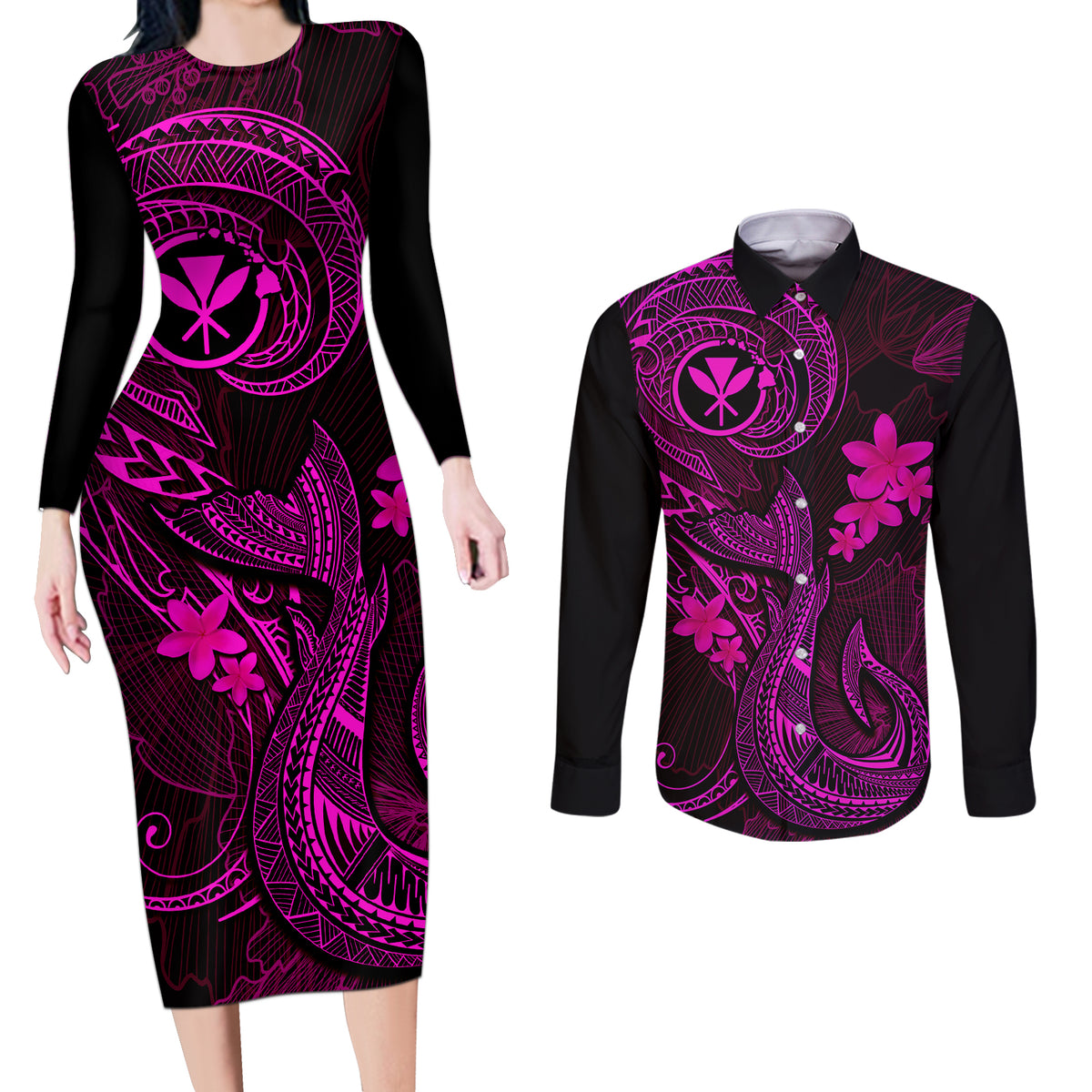 Hawaii Couples Matching Long Sleeve Bodycon Dress and Long Sleeve Button Shirts Fish Hook Tattoo Mix Polynesian Plumeria Pink Version - Wonder Print Shop