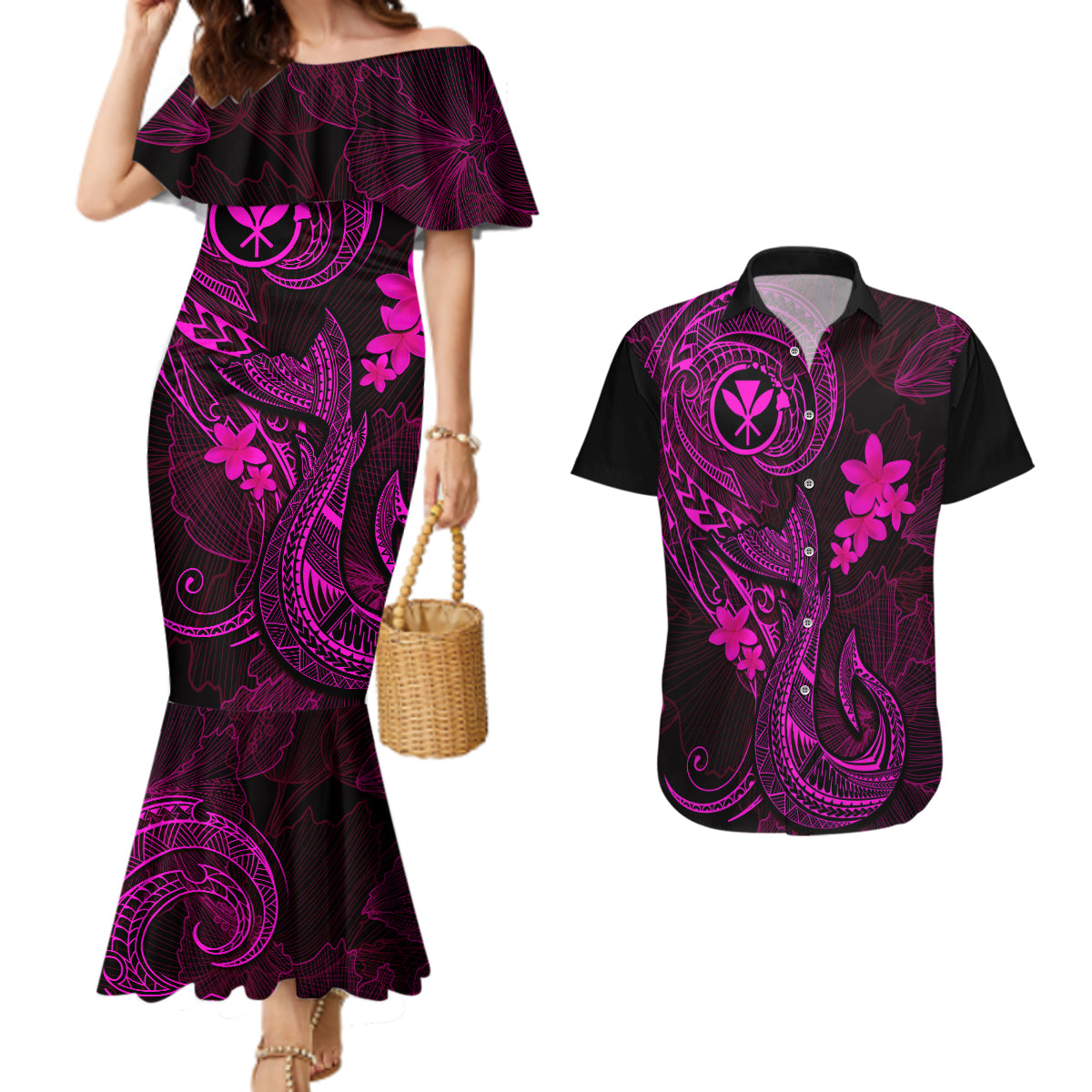 Hawaii Couples Matching Mermaid Dress and Hawaiian Shirt Fish Hook Tattoo Mix Polynesian Plumeria Pink Version - Wonder Print Shop