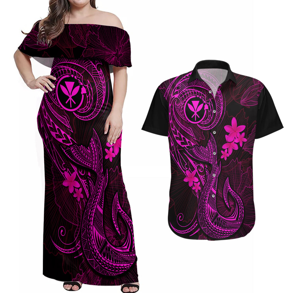 Hawaii Couples Matching Off Shoulder Maxi Dress and Hawaiian Shirt Fish Hook Tattoo Mix Polynesian Plumeria Pink Version - Wonder Print Shop