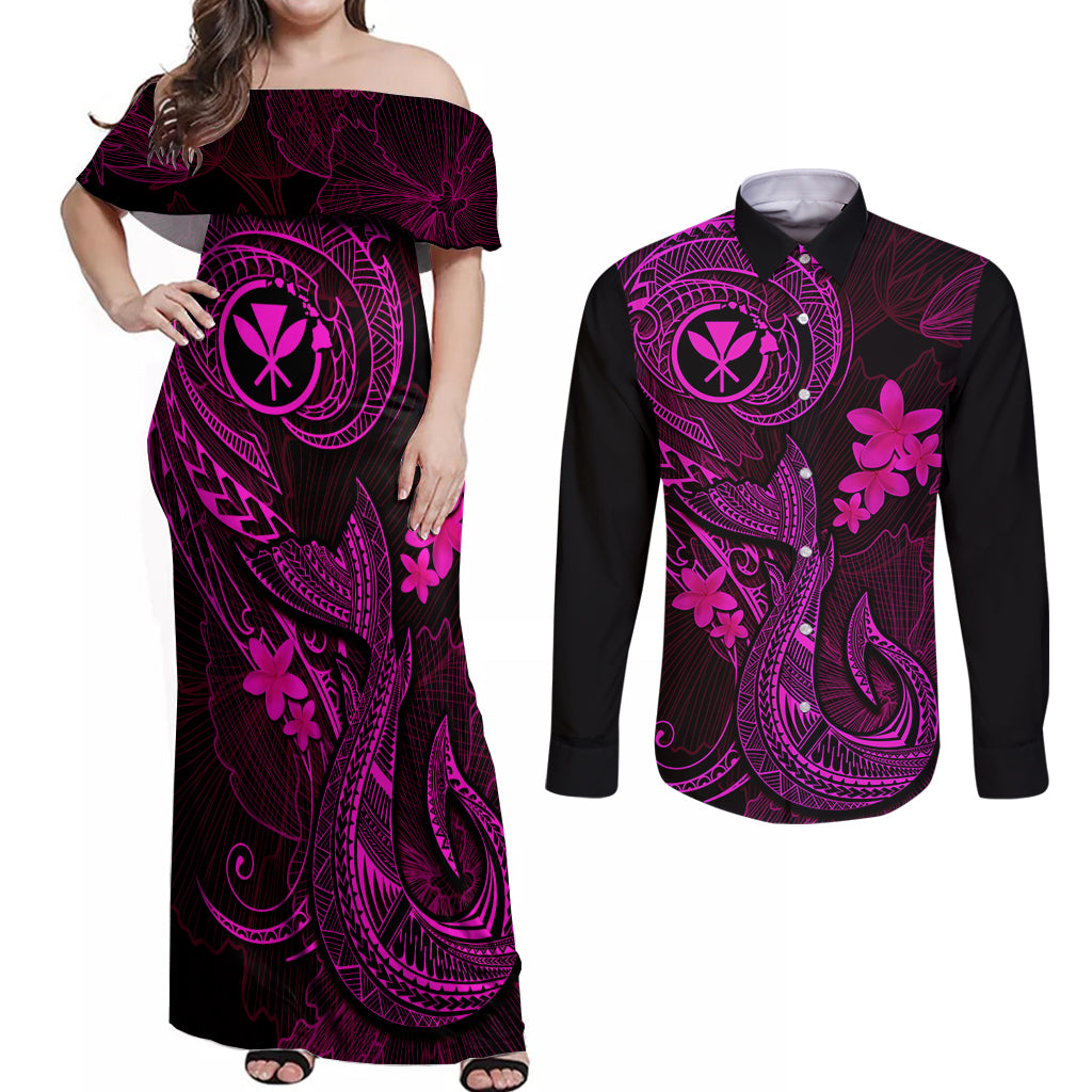 Hawaii Couples Matching Off Shoulder Maxi Dress and Long Sleeve Button Shirts Fish Hook Tattoo Mix Polynesian Plumeria Pink Version - Wonder Print Shop