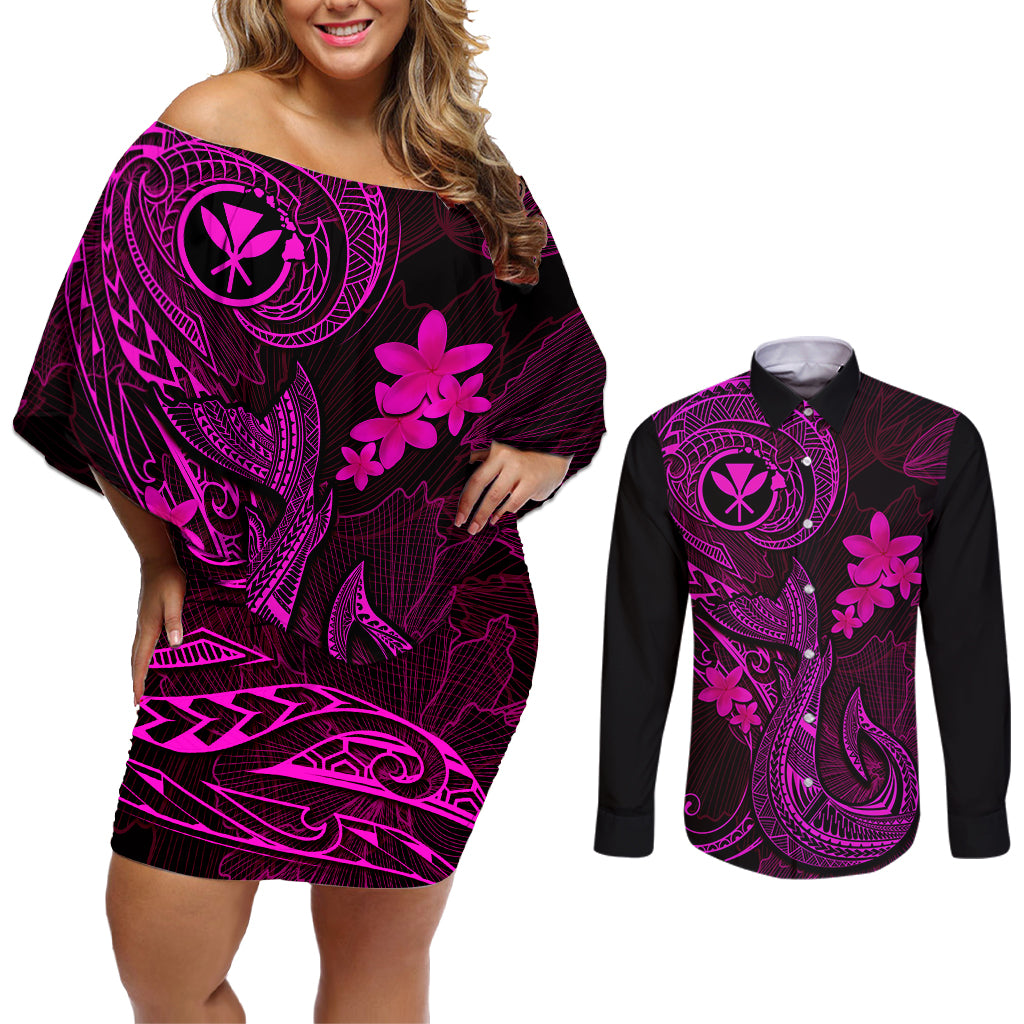 Hawaii Couples Matching Off Shoulder Short Dress and Long Sleeve Button Shirts Fish Hook Tattoo Mix Polynesian Plumeria Pink Version - Wonder Print Shop