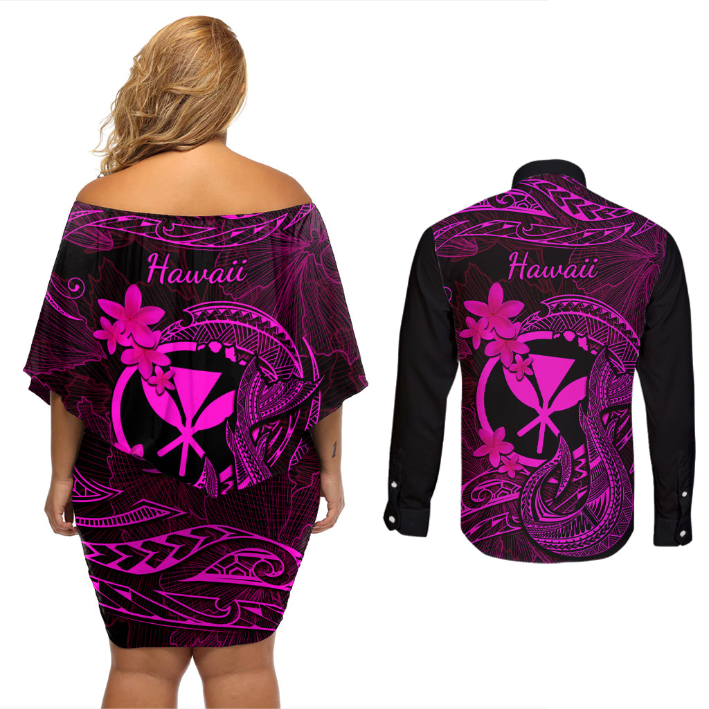 Hawaii Couples Matching Off Shoulder Short Dress and Long Sleeve Button Shirts Fish Hook Tattoo Mix Polynesian Plumeria Pink Version - Wonder Print Shop