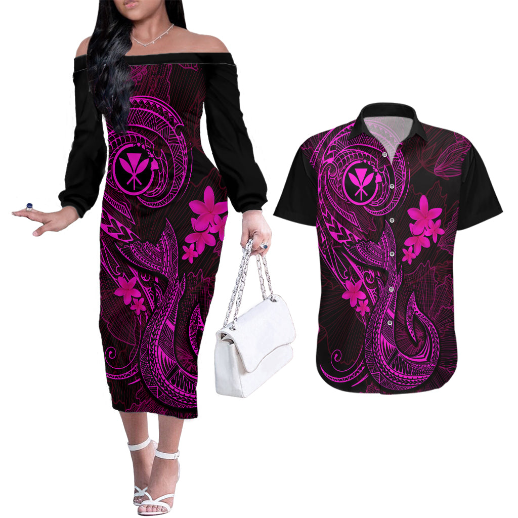 Hawaii Couples Matching Off The Shoulder Long Sleeve Dress and Hawaiian Shirt Fish Hook Tattoo Mix Polynesian Plumeria Pink Version - Wonder Print Shop