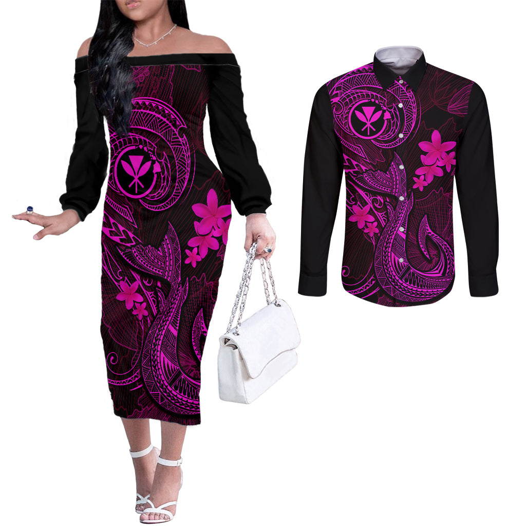 hawaii-couples-matching-off-the-shoulder-long-sleeve-dress-and-long-sleeve-button-shirts-fish-hook-tattoo-mix-polynesian-plumeria-pink-version