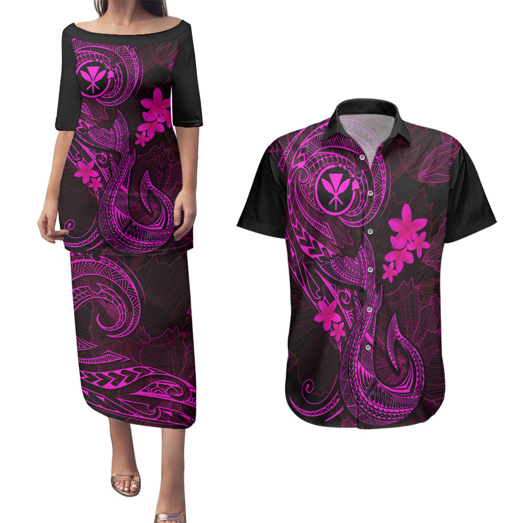 Hawaii Couples Matching Puletasi Dress and Hawaiian Shirt Fish Hook Tattoo Mix Polynesian Plumeria Pink Version - Wonder Print Shop