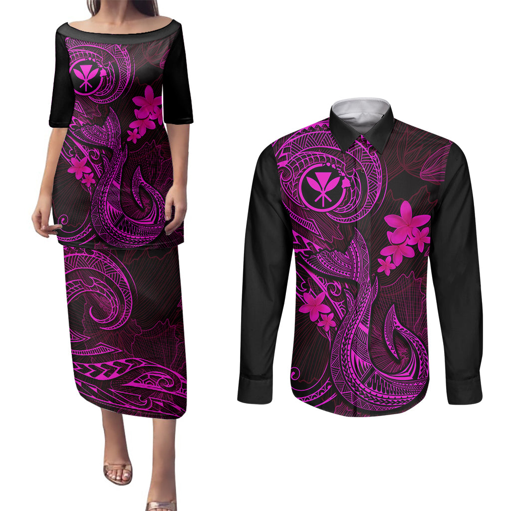 Hawaii Couples Matching Puletasi Dress and Long Sleeve Button Shirts Fish Hook Tattoo Mix Polynesian Plumeria Pink Version - Wonder Print Shop