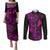 Hawaii Couples Matching Puletasi Dress and Long Sleeve Button Shirts Fish Hook Tattoo Mix Polynesian Plumeria Pink Version - Wonder Print Shop