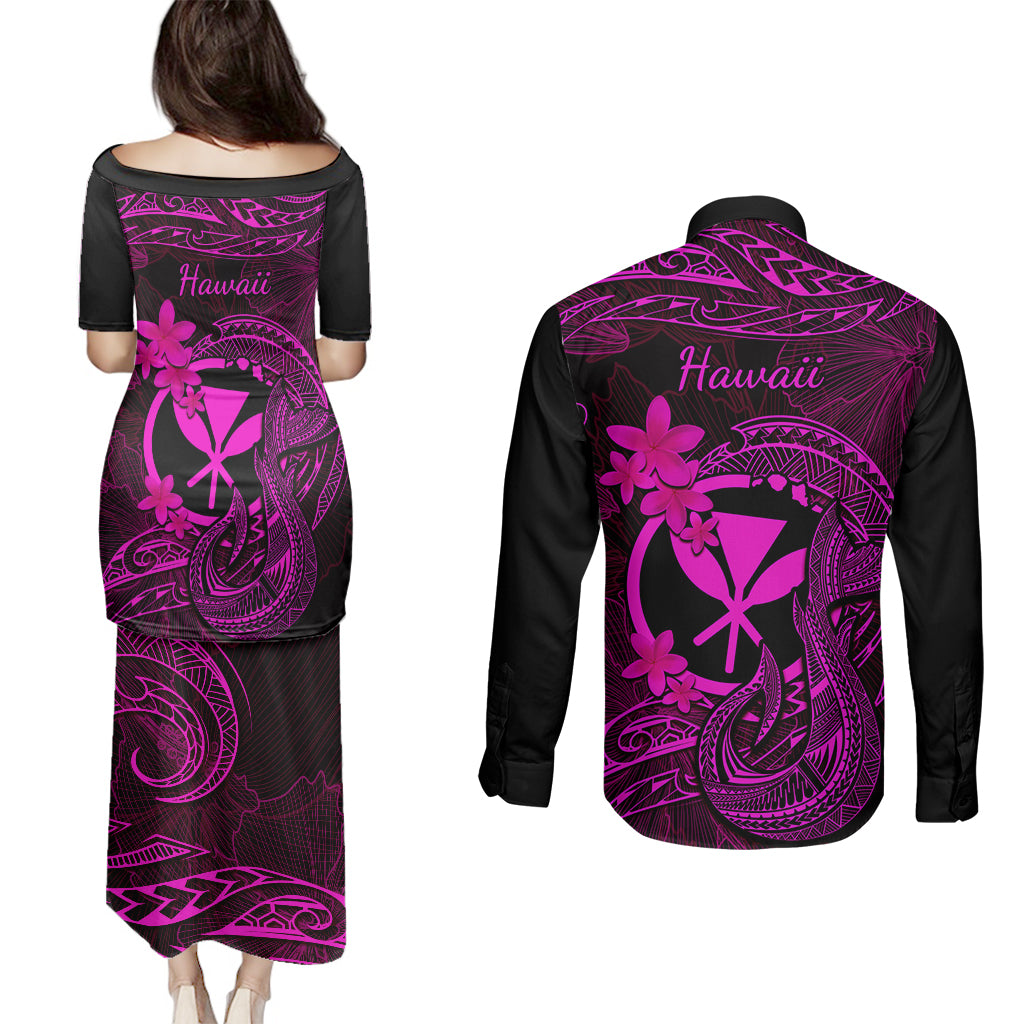 Hawaii Couples Matching Puletasi Dress and Long Sleeve Button Shirts Fish Hook Tattoo Mix Polynesian Plumeria Pink Version - Wonder Print Shop