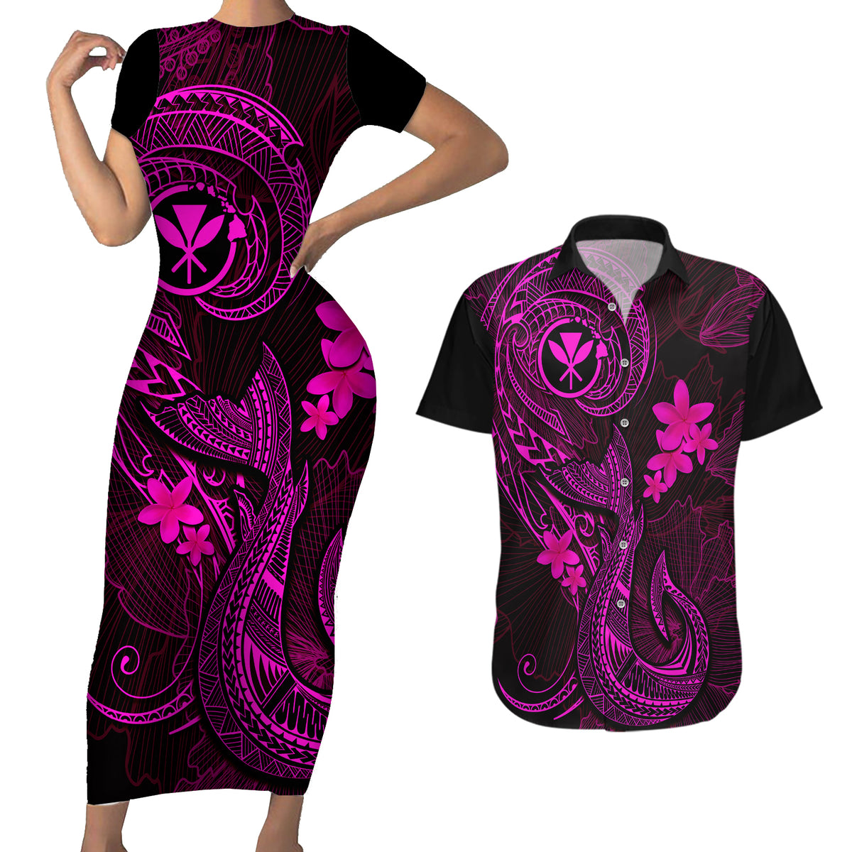 Hawaii Couples Matching Short Sleeve Bodycon Dress and Hawaiian Shirt Fish Hook Tattoo Mix Polynesian Plumeria Pink Version - Wonder Print Shop