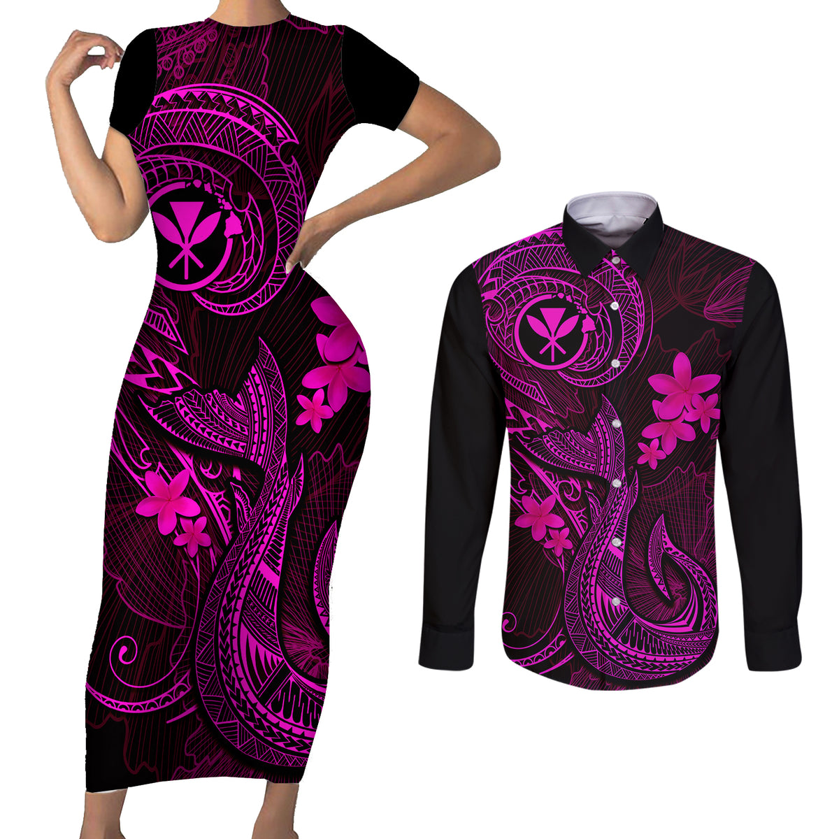 Hawaii Couples Matching Short Sleeve Bodycon Dress and Long Sleeve Button Shirts Fish Hook Tattoo Mix Polynesian Plumeria Pink Version - Wonder Print Shop