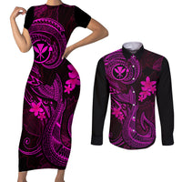 Hawaii Couples Matching Short Sleeve Bodycon Dress and Long Sleeve Button Shirts Fish Hook Tattoo Mix Polynesian Plumeria Pink Version - Wonder Print Shop