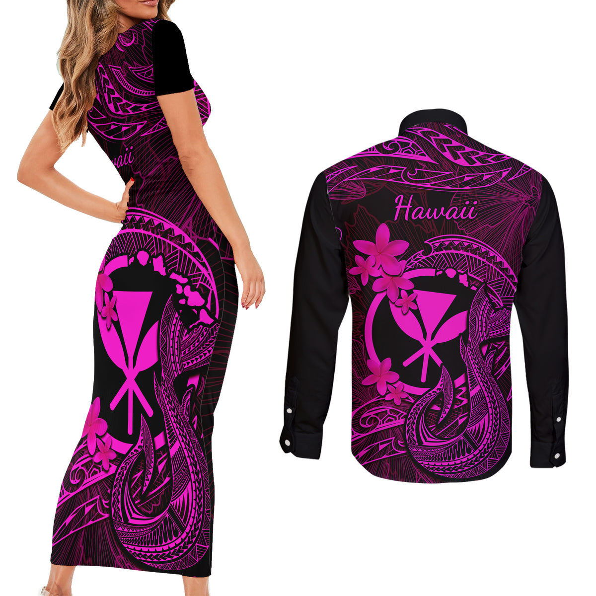 Hawaii Couples Matching Short Sleeve Bodycon Dress and Long Sleeve Button Shirts Fish Hook Tattoo Mix Polynesian Plumeria Pink Version - Wonder Print Shop