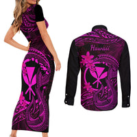 Hawaii Couples Matching Short Sleeve Bodycon Dress and Long Sleeve Button Shirts Fish Hook Tattoo Mix Polynesian Plumeria Pink Version - Wonder Print Shop