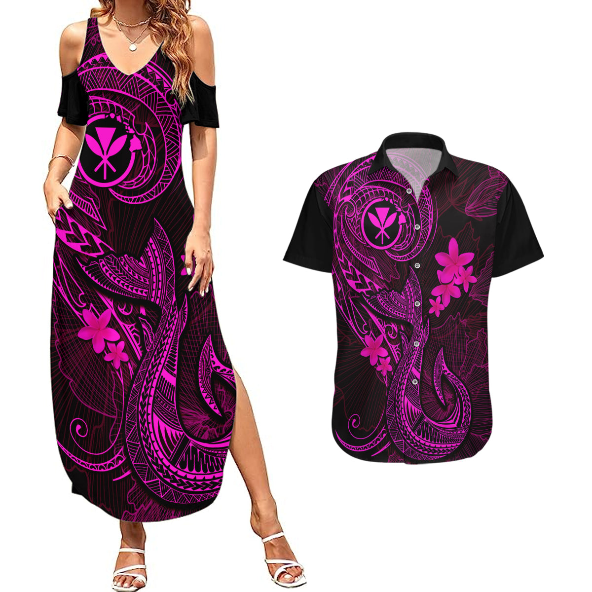 Hawaii Couples Matching Summer Maxi Dress and Hawaiian Shirt Fish Hook Tattoo Mix Polynesian Plumeria Pink Version - Wonder Print Shop