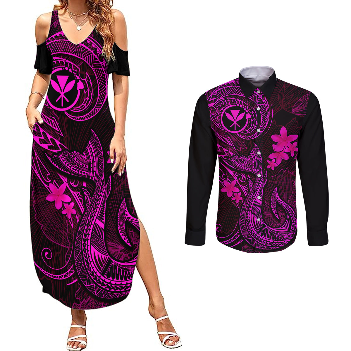 Hawaii Couples Matching Summer Maxi Dress and Long Sleeve Button Shirts Fish Hook Tattoo Mix Polynesian Plumeria Pink Version - Wonder Print Shop