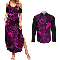 Hawaii Couples Matching Summer Maxi Dress and Long Sleeve Button Shirts Fish Hook Tattoo Mix Polynesian Plumeria Pink Version - Wonder Print Shop